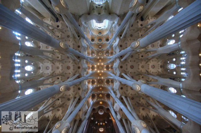 The vaults of the Basilica arise from tree-like columns that form into a roof made of palm leaves