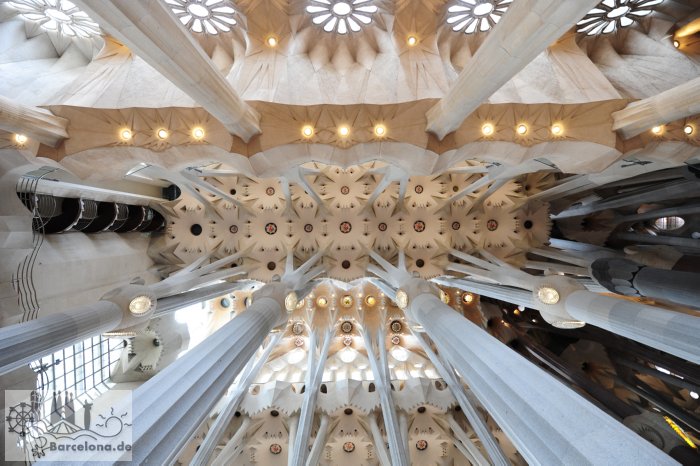 Blick in das Deckengewölbe des zweiten Schiffes der Sagrada Familia