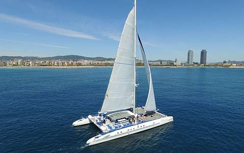 Catamaran sailing off Barcelona
